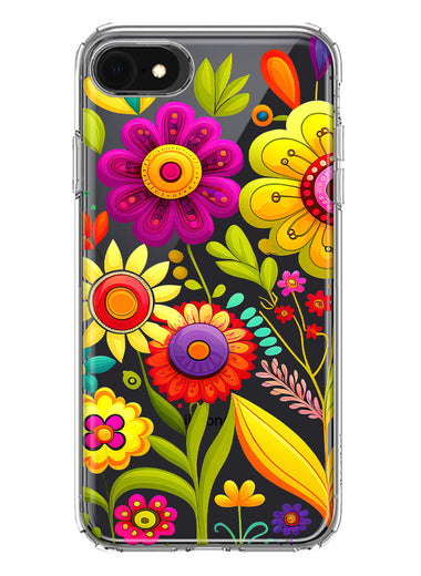 Apple iPhone SE 2nd 3rd Generation Colorful Yellow Pink Folk Style Floral Vibrant Spring Flowers Hybrid Protective Phone Case Cover