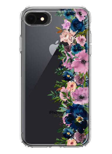 Apple iPhone SE 2nd 3rd Generation Navy Blue Summer Watercolor Floral Classic Purple Flowers Hybrid Protective Phone Case Cover