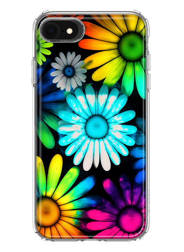 Apple iPhone 6/7/8/SE 2020/SE 3 2022 Neon Rainbow Daisy Glow Colorful Daisies Baby Blue Pink Yellow White Double Layer Phone Case Cover