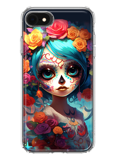 Apple iPhone SE 2nd 3rd Generation Halloween Spooky Colorful Day of the Dead Skull Girl Hybrid Protective Phone Case Cover