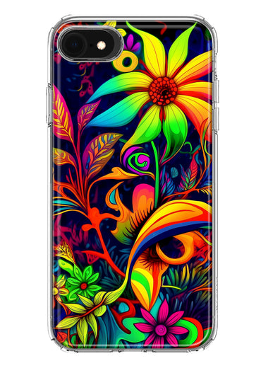 Apple iPhone SE 2nd 3rd Generation Neon Rainbow Psychedelic Trippy Hippie Daisy Flowers Hybrid Protective Phone Case Cover