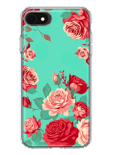 Apple iPhone 6/7/8/SE 2020/SE 3 2022 Turquoise Teal Vintage Pastel Pink Red Roses Double Layer Phone Case Cover