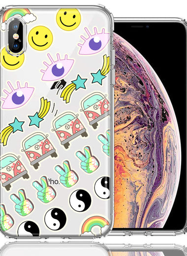Apple iPhone XS/X 70's Yin Yang Hippie Happy Peace Stars Design Double Layer Phone Case Cover