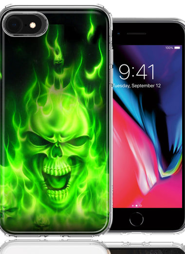 Apple iPhone 7/8/SE Green Flaming Skull Design Double Layer Phone Case Cover