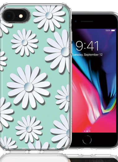 Apple iPhone 7/8/SE White Teal Daisies Design Double Layer Phone Case Cover
