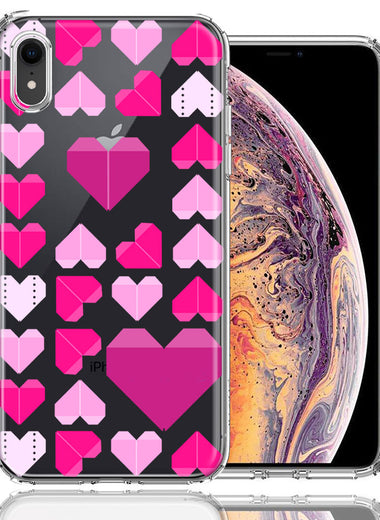 Apple iPhone XR Pink Purple Origami Valentine's Day Polkadot Hearts Design Double Layer Phone Case Cover