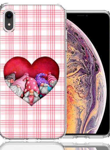 Apple iPhone XR Valentine's Day Garden Gnomes Heart Love Pink Plaid Double Layer Phone Case Cover