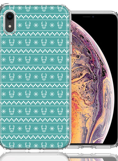 Apple iPhone XR Teal Christmas Reindeer Pattern Design Double Layer Phone Case Cover