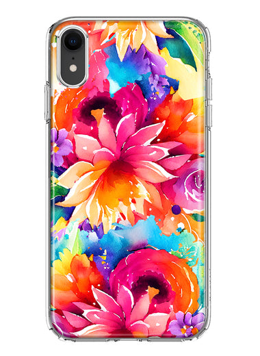 Apple iPhone XR Watercolor Paint Summer Rainbow Flowers Bouquet Bloom Floral Hybrid Protective Phone Case Cover
