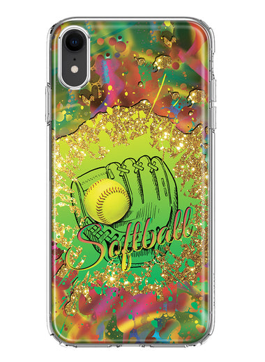 Apple iPhone XR Love Softball Girls Glove Green Tie Dye Swirl Paint Hybrid Protective Phone Case Cover