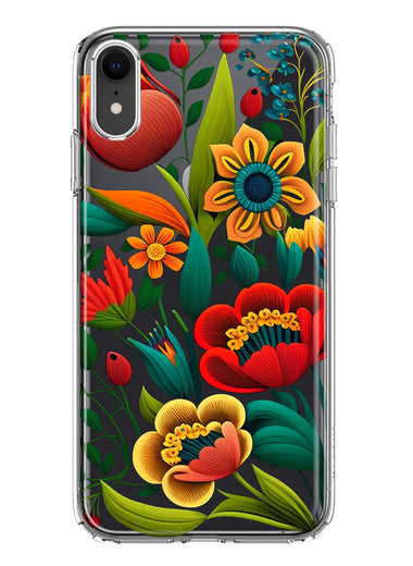 Apple iPhone XR Colorful Red Orange Folk Style Floral Vibrant Spring Flowers Hybrid Protective Phone Case Cover