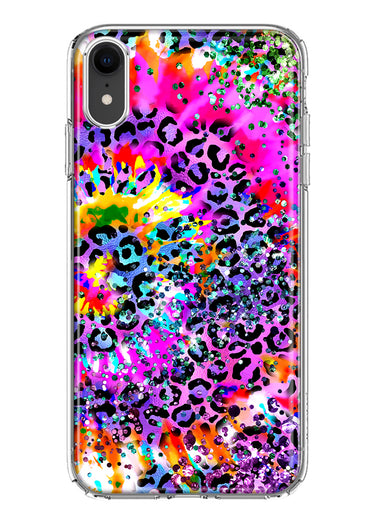 Apple iPhone XR Vibrant Pink Purple Tie Dye Summer Leopard Swirl Rainbow Hybrid Protective Phone Case Cover