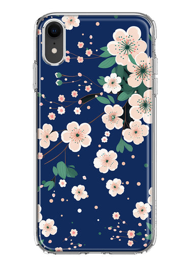 Apple iPhone XR Kawaii Japanese Pink Cherry Blossom Navy Blue Hybrid Protective Phone Case Cover