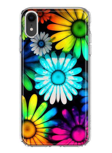 Apple iPhone XR Neon Rainbow Daisy Glow Colorful Daisies Baby Blue Pink Yellow White Double Layer Phone Case Cover