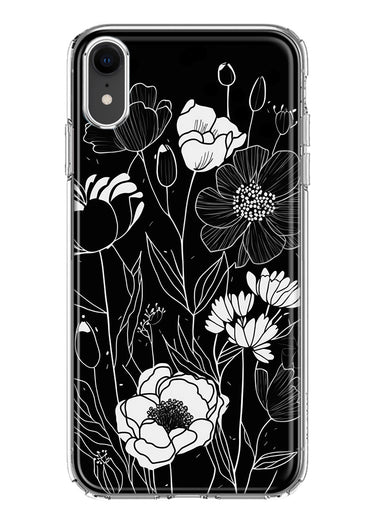 Apple iPhone XR Line Drawing Art White Floral Flowers Hybrid Protective Phone Case Cover