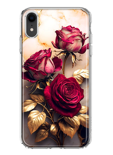 Apple iPhone XR Romantic Elegant Gold Marble Red Roses Double Layer Phone Case Cover