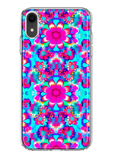 Apple iPhone XR Pink Blue Vintage Hippie Tie Dye Flowers Hybrid Protective Phone Case Cover
