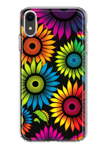 Apple iPhone XR Neon Rainbow Glow Sunflowers Colorful Floral Pink Purple Double Layer Phone Case Cover
