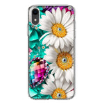 Apple iPhone XR Colorful Crystal White Daisies Rainbow Gems Teal Double Layer Phone Case Cover