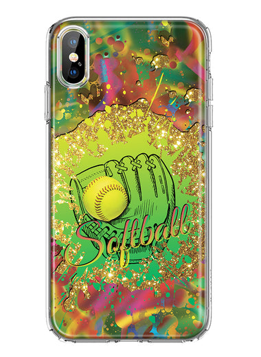 Apple iPhone XS Love Softball Girls Glove Green Tie Dye Swirl Paint Hybrid Protective Phone Case Cover