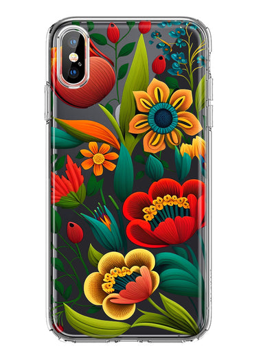 Apple iPhone XS Colorful Red Orange Folk Style Floral Vibrant Spring Flowers Hybrid Protective Phone Case Cover