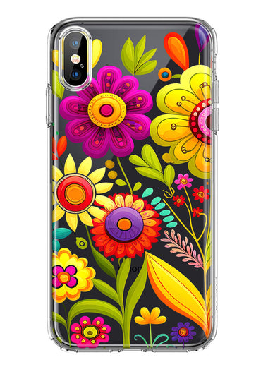 Apple iPhone XS Colorful Yellow Pink Folk Style Floral Vibrant Spring Flowers Hybrid Protective Phone Case Cover