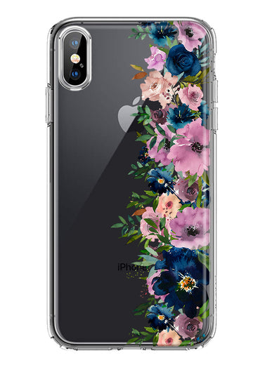 Apple iPhone XS Navy Blue Summer Watercolor Floral Classic Purple Flowers Hybrid Protective Phone Case Cover