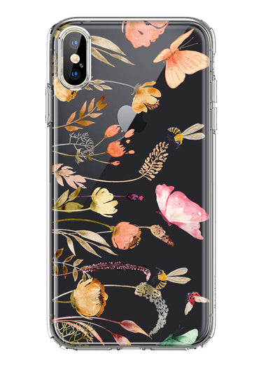 Apple iPhone XS Peach Meadow Wildflowers Butterflies Bees Watercolor Floral Hybrid Protective Phone Case Cover