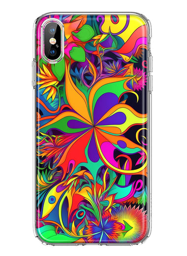 Apple iPhone XS/X Neon Rainbow Psychedelic Hippie Wild Flowers Hybrid Protective Phone Case Cover
