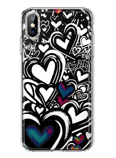 Apple iPhone XS Black White Hearts Love Graffiti Hybrid Protective Phone Case Cover