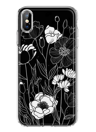 Apple iPhone XS/X Line Drawing Art White Floral Flowers Hybrid Protective Phone Case Cover