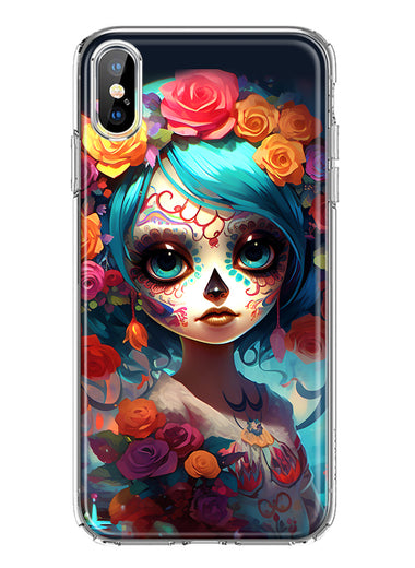 Apple iPhone XS Halloween Spooky Colorful Day of the Dead Skull Girl Hybrid Protective Phone Case Cover