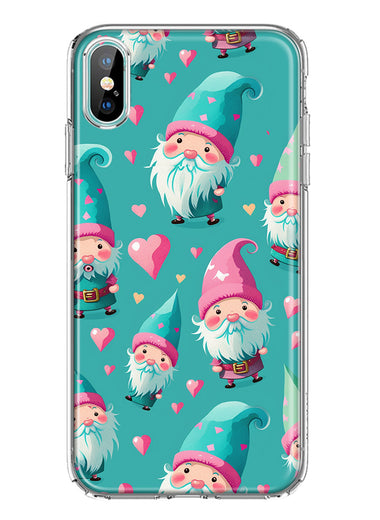 Apple iPhone XS Turquoise Pink Hearts Gnomes Hybrid Protective Phone Case Cover
