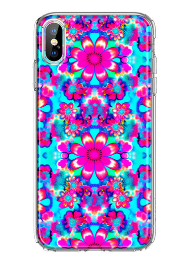 Apple iPhone XS/X Pink Blue Vintage Hippie Tie Dye Flowers Hybrid Protective Phone Case Cover
