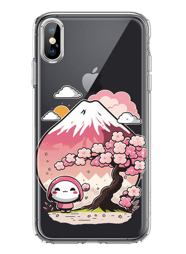 Apple iPhone XS/X Kawaii Manga Pink Cherry Blossom Fuji Mountain Mochi Girl Hybrid Protective Phone Case Cover