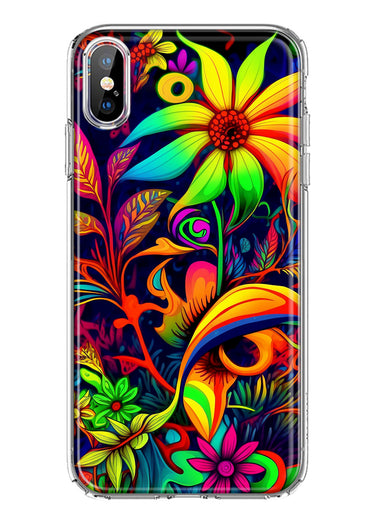 Apple iPhone XS Neon Rainbow Psychedelic Trippy Hippie Daisy Flowers Hybrid Protective Phone Case Cover