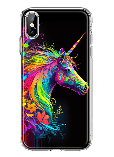 Apple iPhone XS/X Neon Rainbow Glow Unicorn Floral Hybrid Protective Phone Case Cover