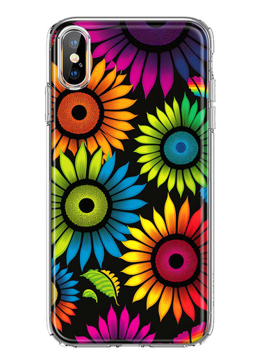 Apple iPhone XS Max Neon Rainbow Glow Sunflowers Colorful Floral Pink Purple Double Layer Phone Case Cover