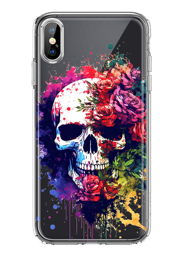 Apple iPhone XS Fantasy Skull Red Purple Roses Hybrid Protective Phone Case Cover