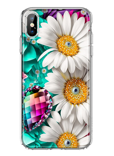 Apple iPhone XS/X Colorful Crystal White Daisies Rainbow Gems Teal Double Layer Phone Case Cover