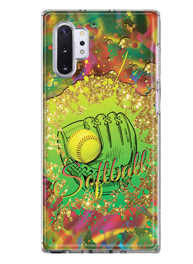 Samsung Galaxy Note 10 Plus Love Softball Girls Glove Green Tie Dye Swirl Paint Hybrid Protective Phone Case Cover