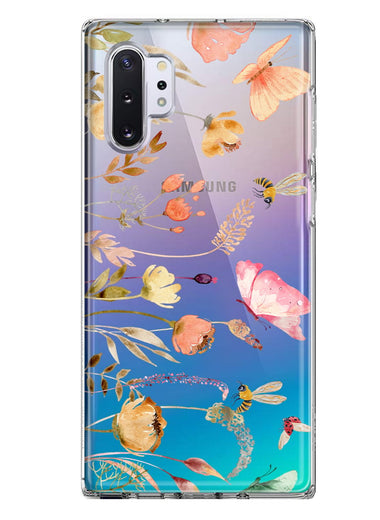 Samsung Galaxy Note 10 Plus Peach Meadow Wildflowers Butterflies Bees Watercolor Floral Hybrid Protective Phone Case Cover