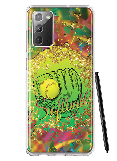 Samsung Galaxy Note 20 Love Softball Girls Glove Green Tie Dye Swirl Paint Hybrid Protective Phone Case Cover