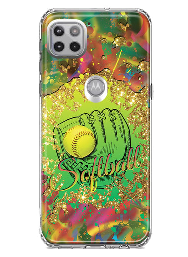Motorola Moto One 5G Love Softball Girls Glove Green Tie Dye Swirl Paint Hybrid Protective Phone Case Cover