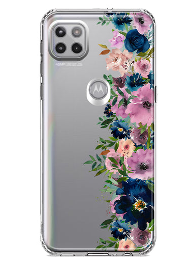 Motorola Moto One 5G Navy Blue Summer Watercolor Floral Classic Purple Flowers Hybrid Protective Phone Case Cover