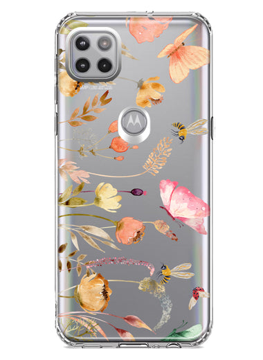 Motorola Moto One 5G Peach Meadow Wildflowers Butterflies Bees Watercolor Floral Hybrid Protective Phone Case Cover