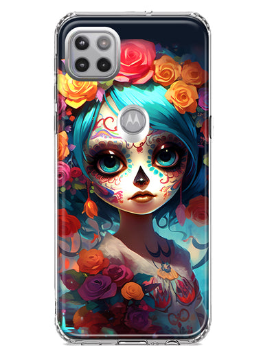 Motorola Moto One 5G Halloween Spooky Colorful Day of the Dead Skull Girl Hybrid Protective Phone Case Cover