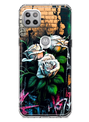 Motorola Moto One 5G White Roses Graffiti Wall Art Painting Hybrid Protective Phone Case Cover