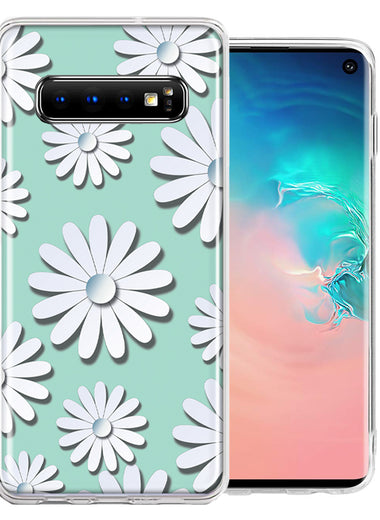 Samsung Galaxy S10 Plus White Teal Daisies Design Double Layer Phone Case Cover