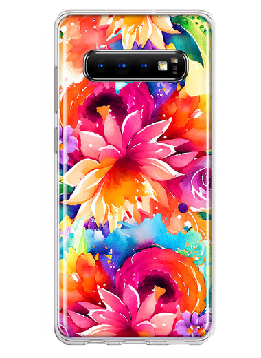 Samsung Galaxy S10 Watercolor Paint Summer Rainbow Flowers Bouquet Bloom Floral Hybrid Protective Phone Case Cover